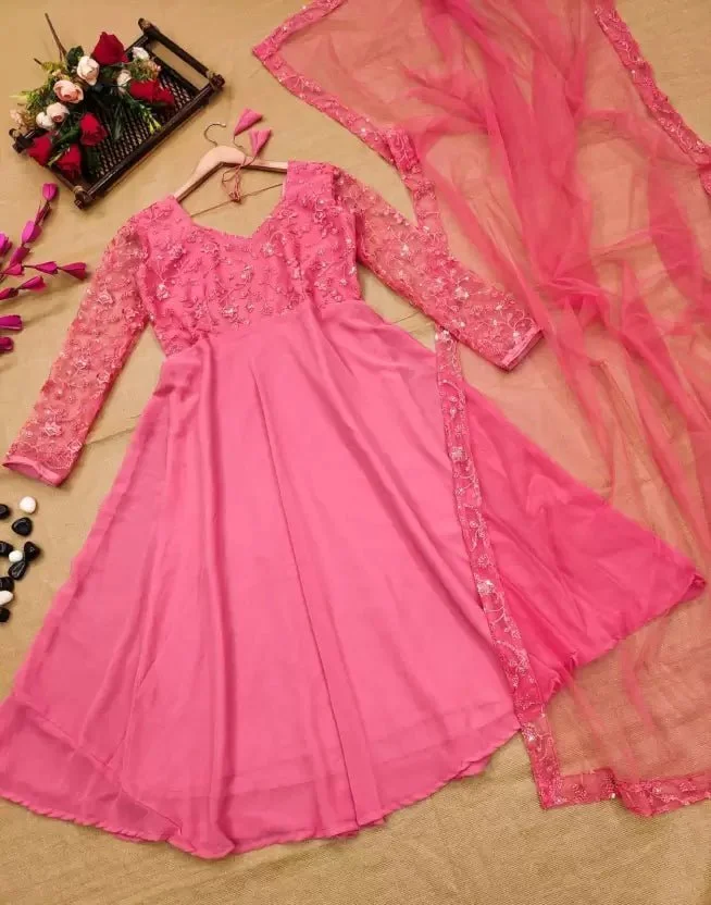 Embroidered Georgette Stitched Anarkali Gown (Pink) - Image 2
