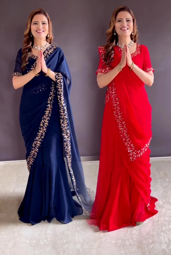 Faux georgette saree gown with heavy handwork - Image 2
