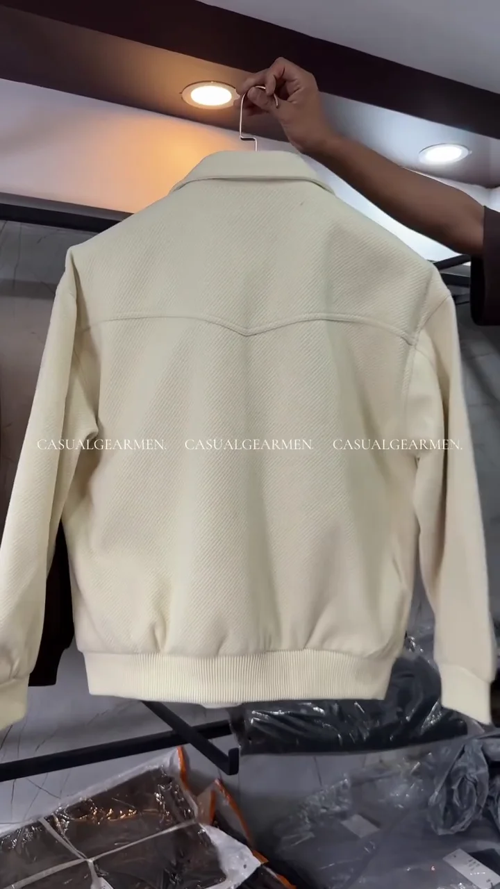 Men’s Cream Textured Bomber Jacket – Classic Collared Zip-Up - Image 4