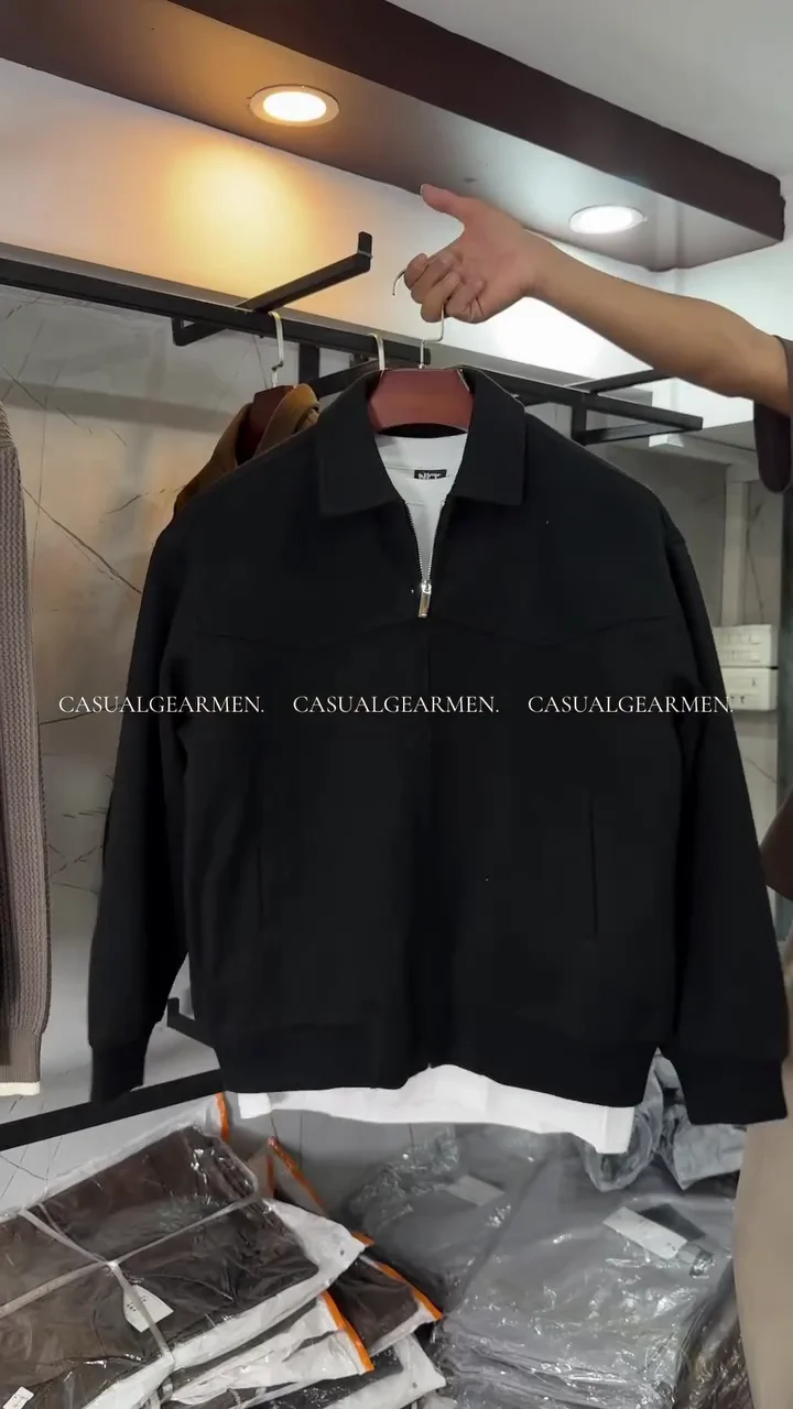 Men’s Cream Textured Bomber Jacket – Classic Collared Zip-Up - Image 2