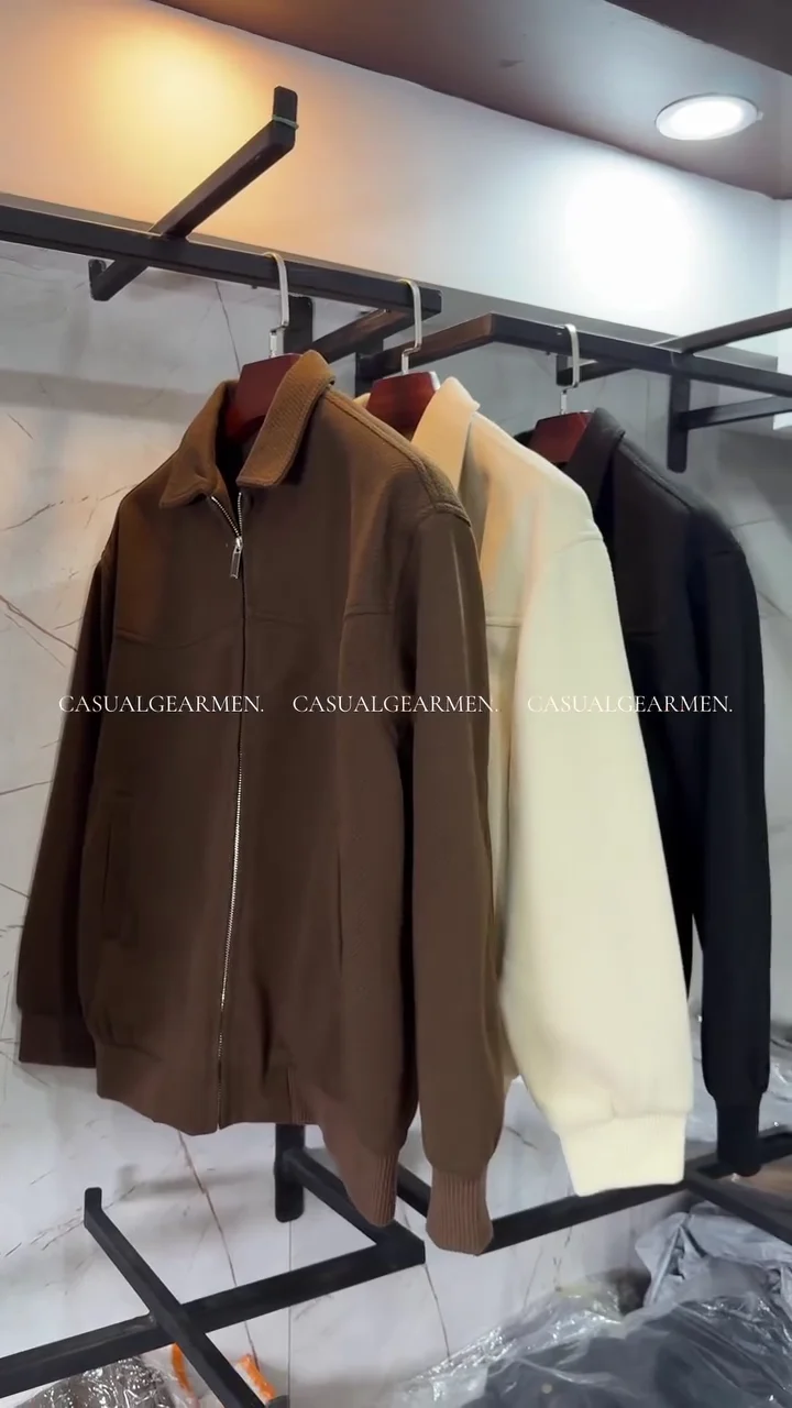 Men’s Cream Textured Bomber Jacket – Classic Collared Zip-Up - Image 3
