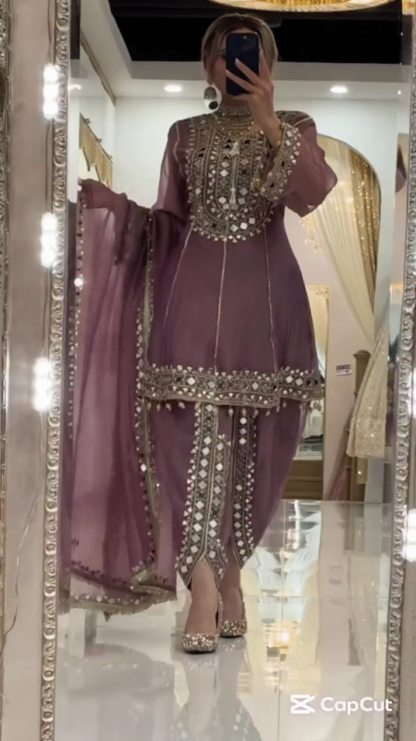 Lavender Heavy Mirror-Embroidered Short Kurti with Sharara Bottom & Dupatta 💜✨🪞