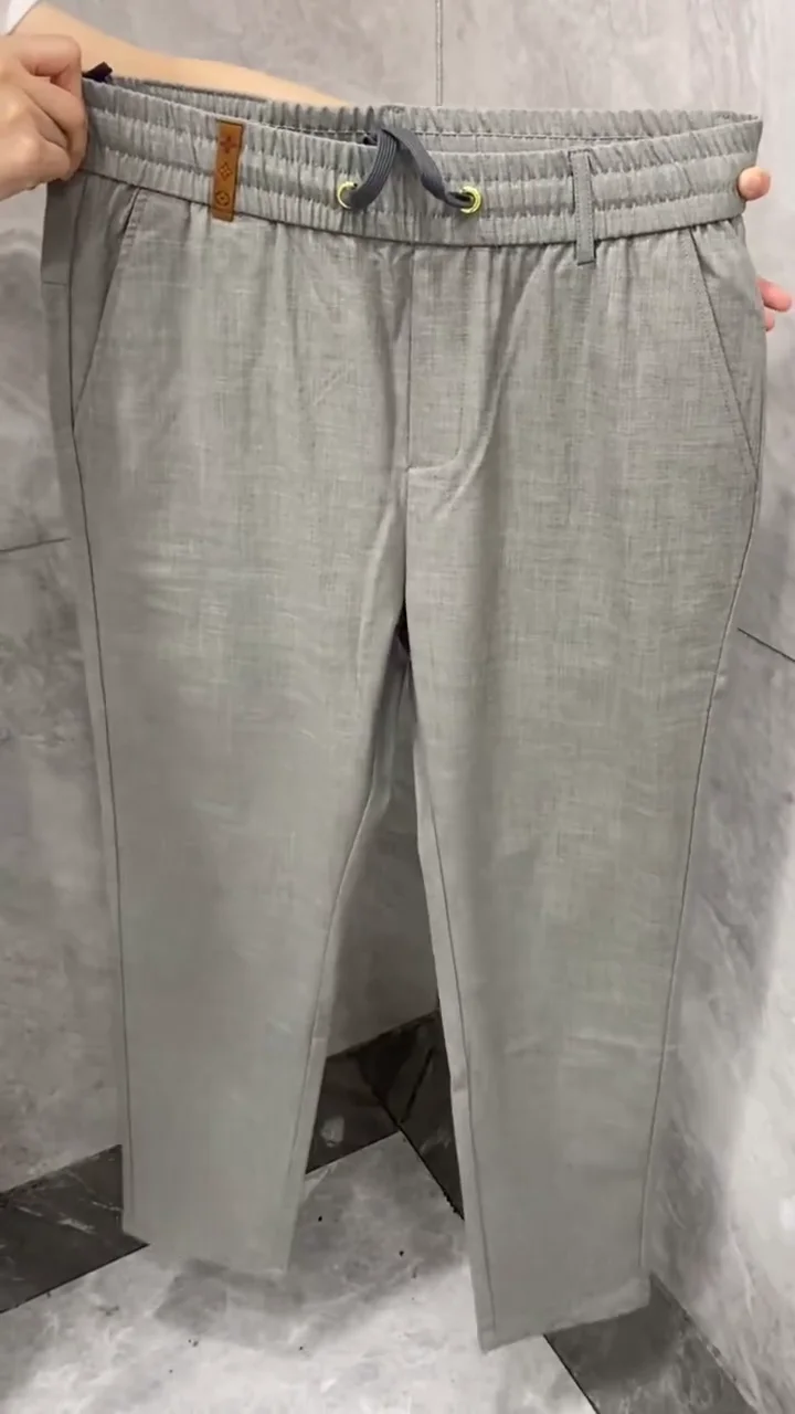Men’s Grey Formal Stretch Trousers with Leather Accent Pockets - Image 4