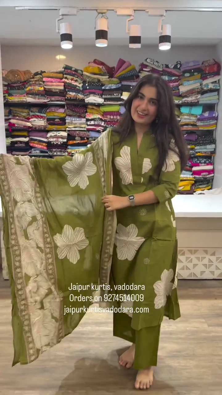 Olive Green Floral Kurta Set with Dupatta – Elegant Office & Festive Wear
